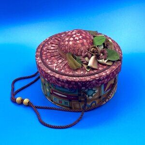 Vintage Round Bonnet Pin Cushion and Sewing Notions Box 8 Inside Pockets Maroon